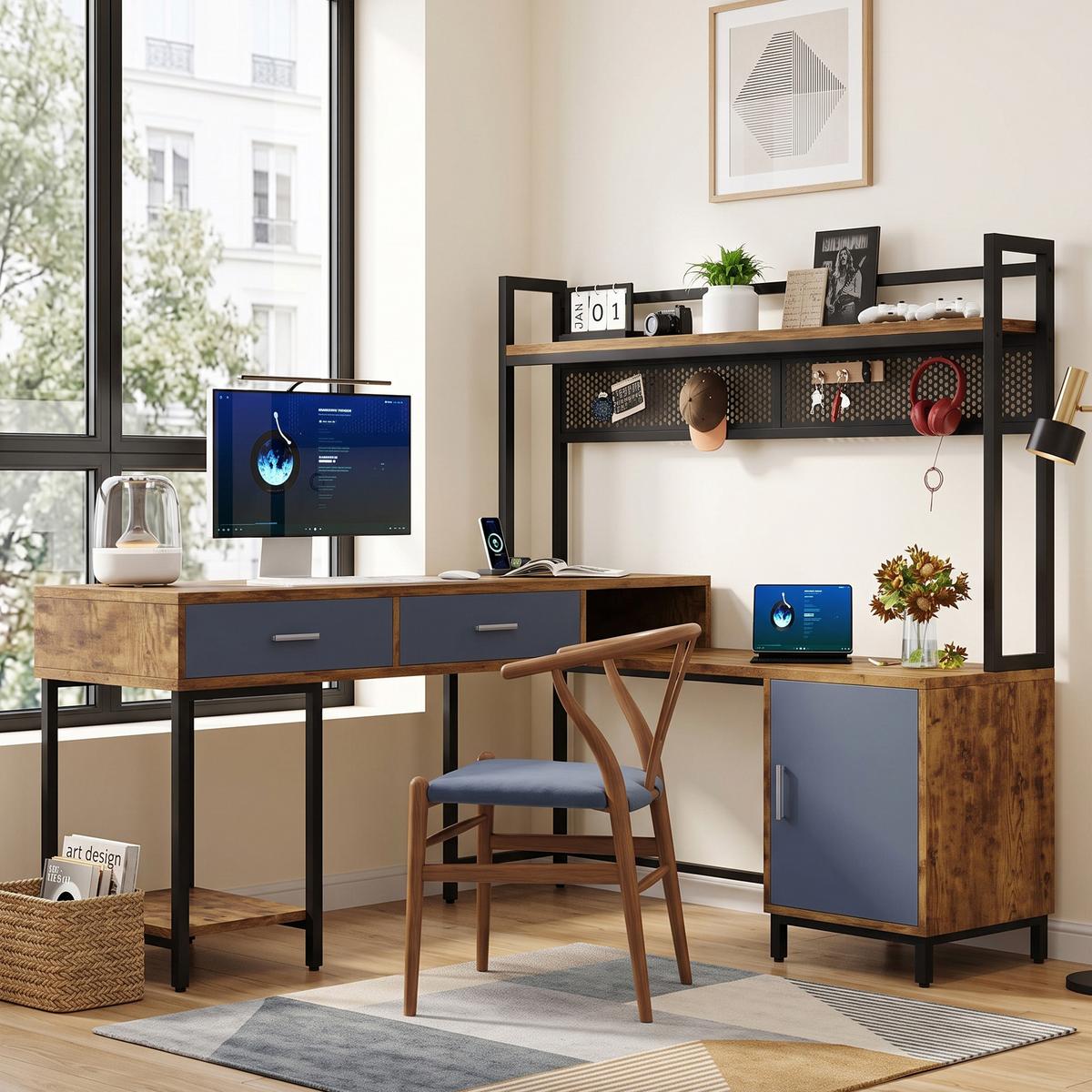SCHREIBTISCH L-Form Industrie-Design mit Regal & Schrank 140x140cm - Schwarz/Naturfarben, Holzwerkstoff (140/140/135cm) - Urban Meuble
