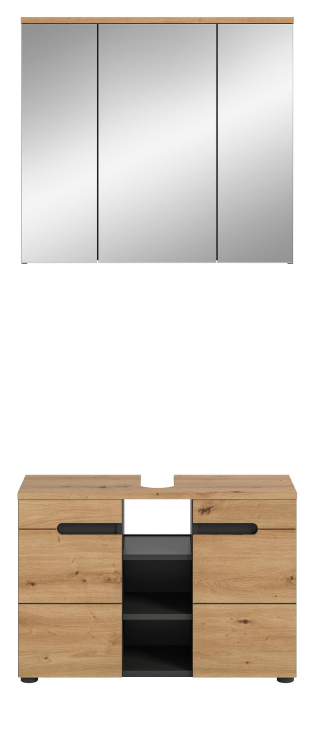 BADMÖBEL-SET Eiche, grau 2-teilig 80 cm, Komplettset mit Soft-Close - Schwarz/Eiche Artisan, Glas/Holzwerkstoff (80/193/34cm) - Inn.Furn