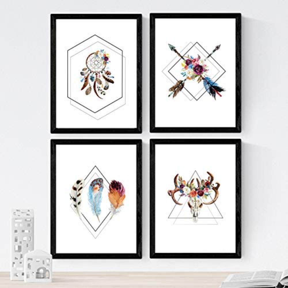 POSTER Set mit 4 Geometrische und bömische Formen A4 Schwarzer Rahmen - Schwarz, Papier (29.7/3cm) - Nacnic