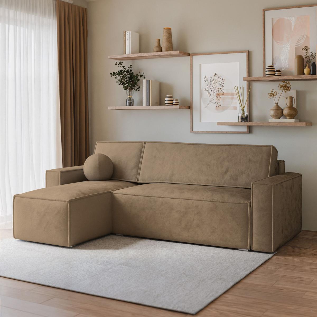 ECKSOFA RAVELO M Beige Velours-Stoff mit Schlaffunktion - Beige/Grau, Holz/Kunststoff (240/140cm) - MASSENO
