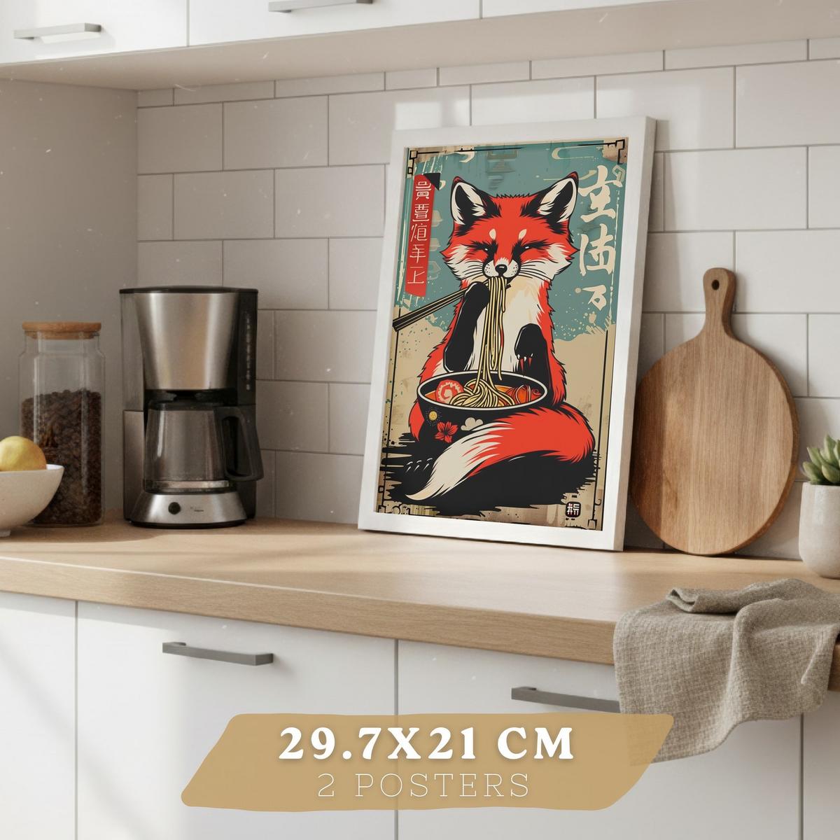 POSTER 4er Set Japanische Ramen Tier-Wandbilder Katze Fuchs und Hase Nudeln Vintage Küche Deko Weißer Rahmen A4 - Weiß, Papier (29.7/1/21cm) - Nacnic
