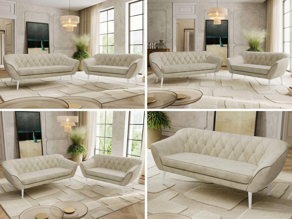 SITZGARNITUR PIRS 3+2 - Beige Velvet - Weiße Beine - Beige/Weiß, Holzwerkstoff/Textil (180/75/74cm) - MKS
