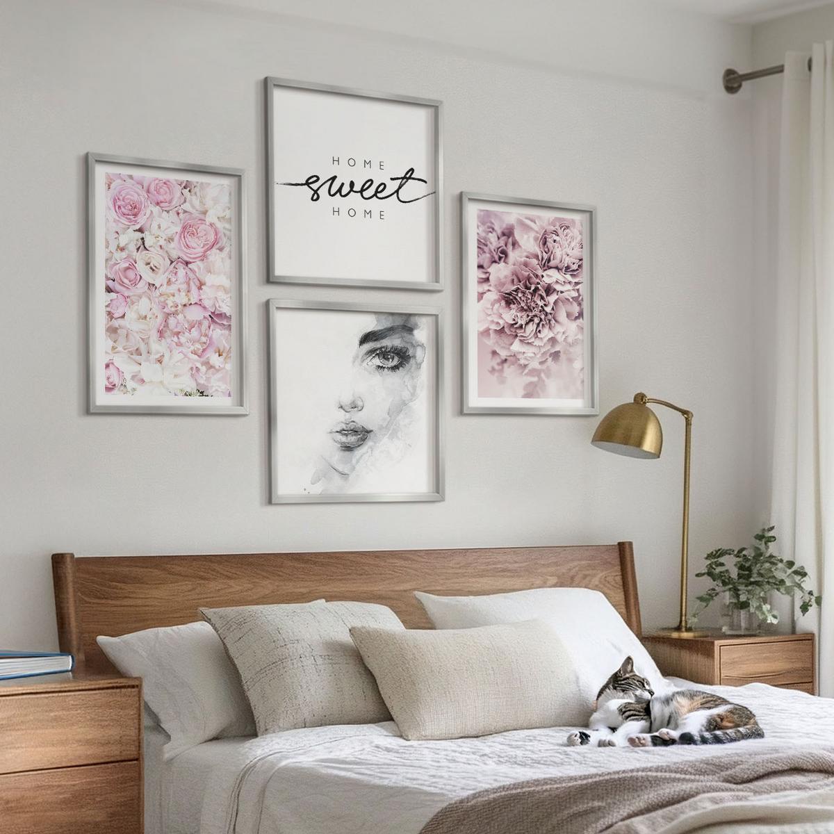 BILDER SET 4er Set - 50x50 cm & 40x60 cm Silberner Rahmen - Pfingstrosenporträt einer Frau zu Hause - Silberfarben, Kunststoff (50/50cm) - TULUP
