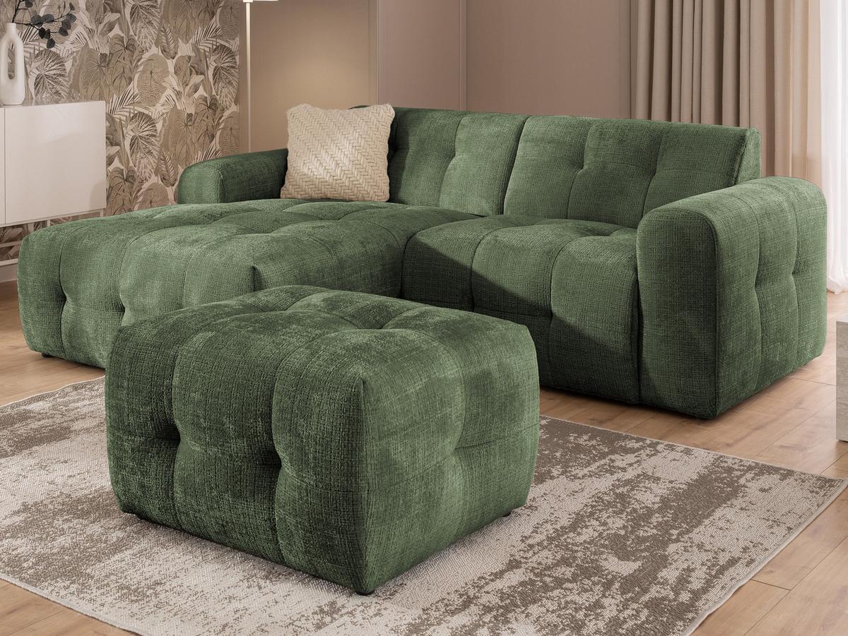 ECKSOFA inkl. Hocker Kozy im Bumpy-Design mit Schlaffunktion und fester Rückenlehne aus weichem Grün Chenille-Stoff - Ottomane links - Schwarz/Grün, Holz/Kunststoff (161/234cm) - S-Style Möbel