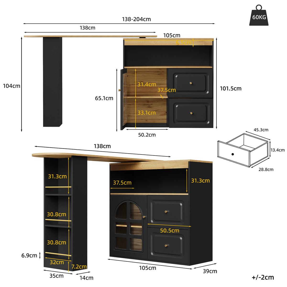 BARTISCH 360° Drehbar Schwarz Ausziehbar Sideboard mit Glastür & Schubladen - Schwarz, Holzwerkstoff (39/138/104cm) - Urban Meuble