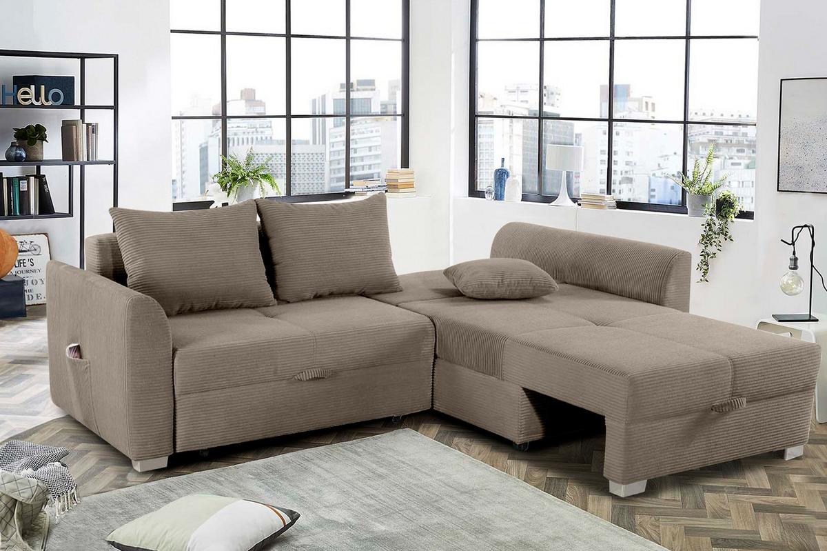 ECKSOFA mit Schlaffunktion und Bettkasten, seitenverkehrt montierbar B236/T160/H81 cm, Liegefl. 142x202 cm, Cord Braun Taupe / 15208 - Chromfarben/Braun, Kunststoff/Textil (236/160cm) - luma-home