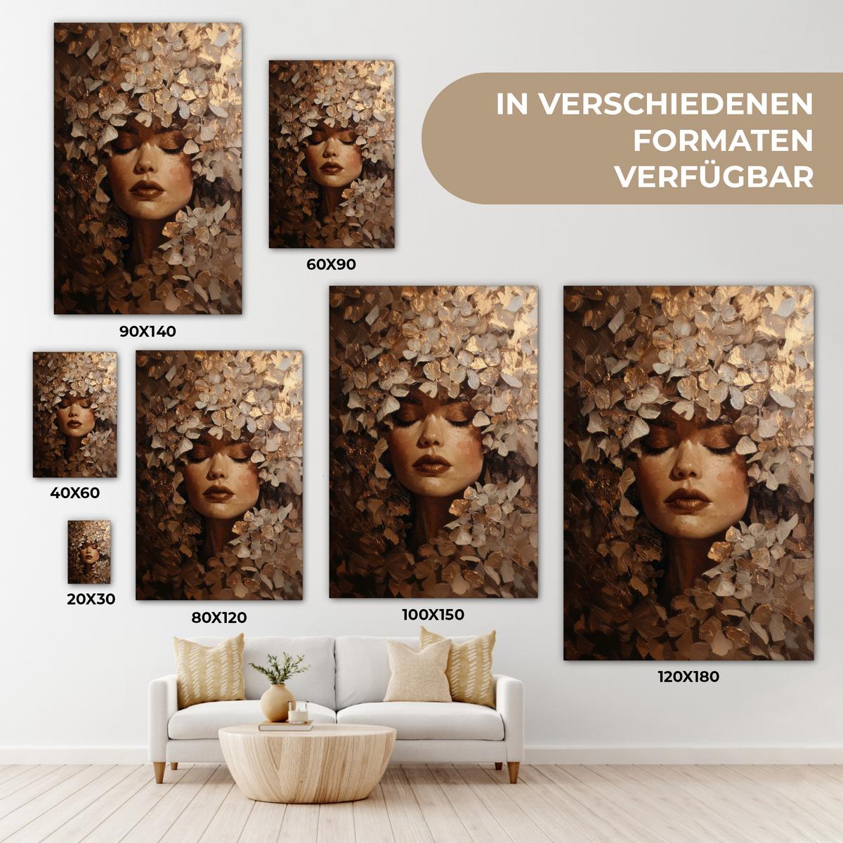 LEINWANDBILD Gesicht - Dame - Blätter - Pinselstriche Deko Wohnzimmer 20x30 cm - Goldfarben, Textil (20/30cm) - MuchoWow