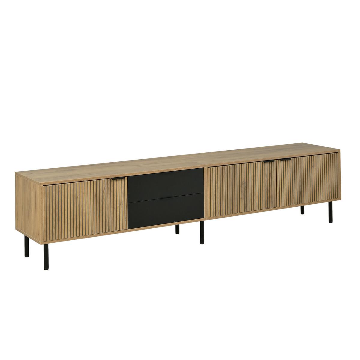 TV-LOWBOARD Lowboard 208cm Schwarz & Holzoptik für 85 Zoll, 3 Schränke und 2 Schubladen - Naturfarben, Holzwerkstoff (208/48/40cm) - Urban Meuble