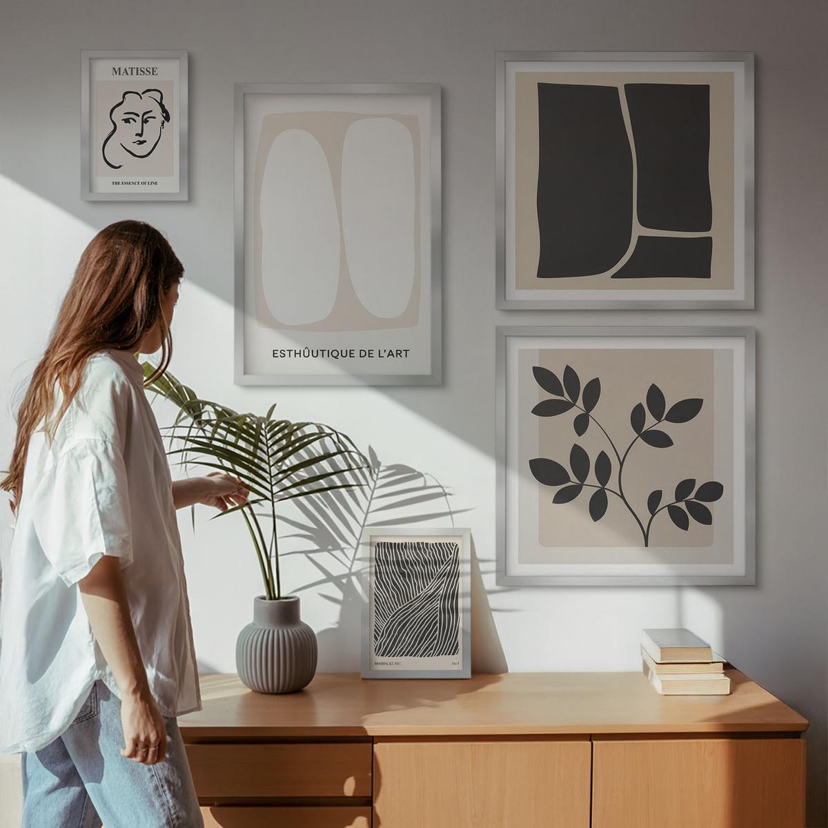 BILDER SET 5er Set - 50x50 cm & 20x30 cm & 40x60 cm Silberner Rahmen - Minimalistische Pflanzenmuster - Silberfarben, Kunststoff (40/60cm) - TULUP