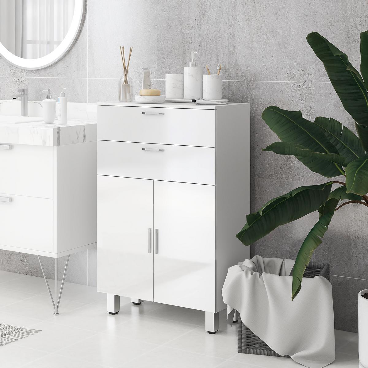 BADEZIMMERSCHRANK mit 2 Schubladen Verstellbares Regal Weiß - Weiß, Holzwerkstoff (30/93/60cm) - Kleankin