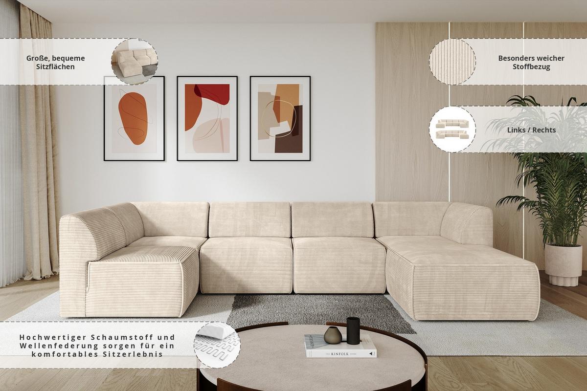 WOHNLANDSCHAFT Ottomane Rechts MOVO-L 345x180x78 cm Beige Cord - Beige, Holzwerkstoff/Kunststoff (180/78/345cm) - ALTDECOR