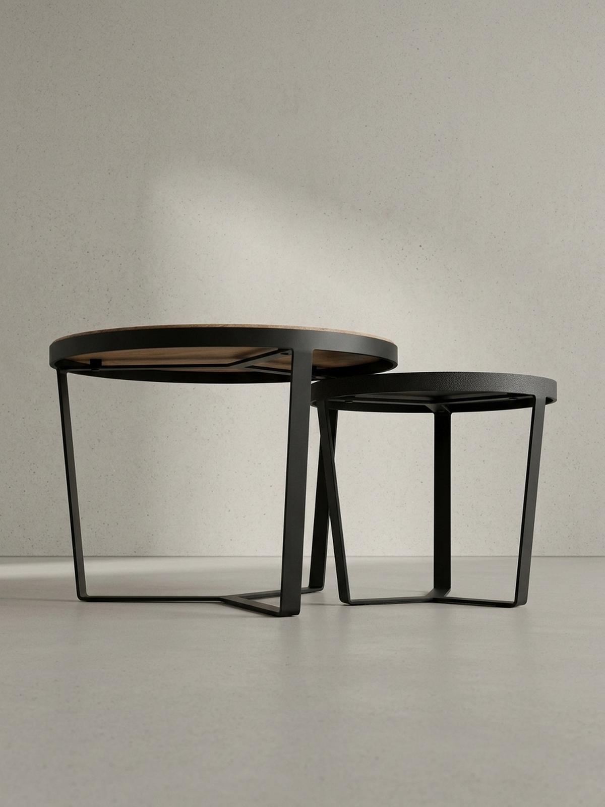 COUCHTISCH Set rund – Akazie Massivholz, Steinoptik, Metallgestell, Braun-Anthrazit - Schwarz, Holz/Metall (60/60/40cm) - KADIMA DESIGN