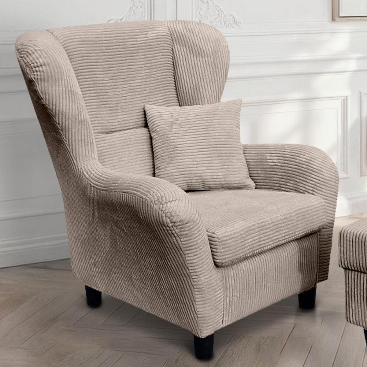 OHRENSESSEL mit HOCKER, hoher Sitzkomfort durch Wellenunterfederung B90/H98/T76 cm, Cord Taupe / 18020 - Schwarz/Braun, Holz/Textil (90/98/76cm) - luma-home