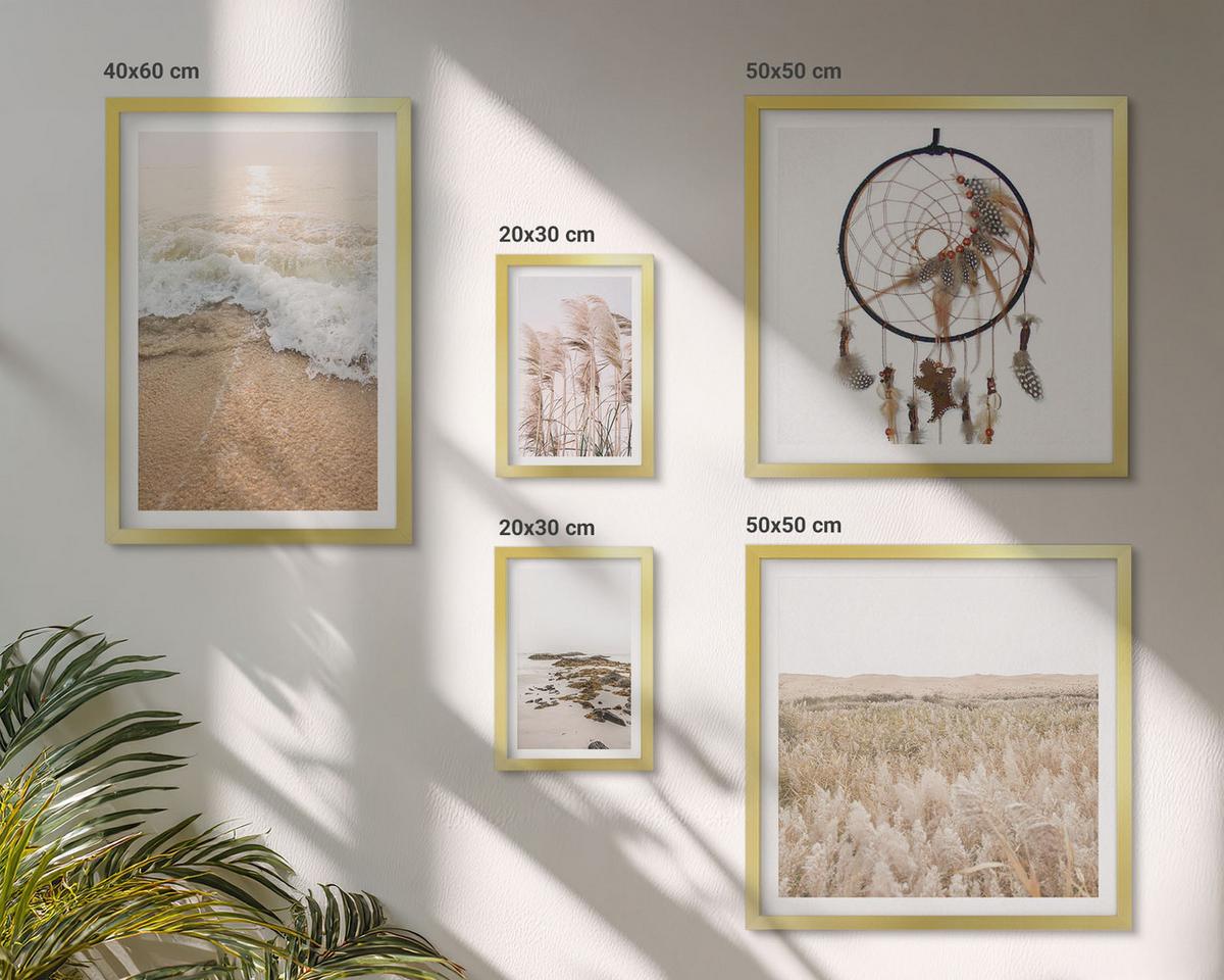 BILDER SET 5er Set - 50x50 cm & 20x30 cm & 40x60 cm Goldrahmen - Strandgras, Wellen, Steine, Boho-Stil - Goldfarben, Kunststoff (40/60cm) - TULUP