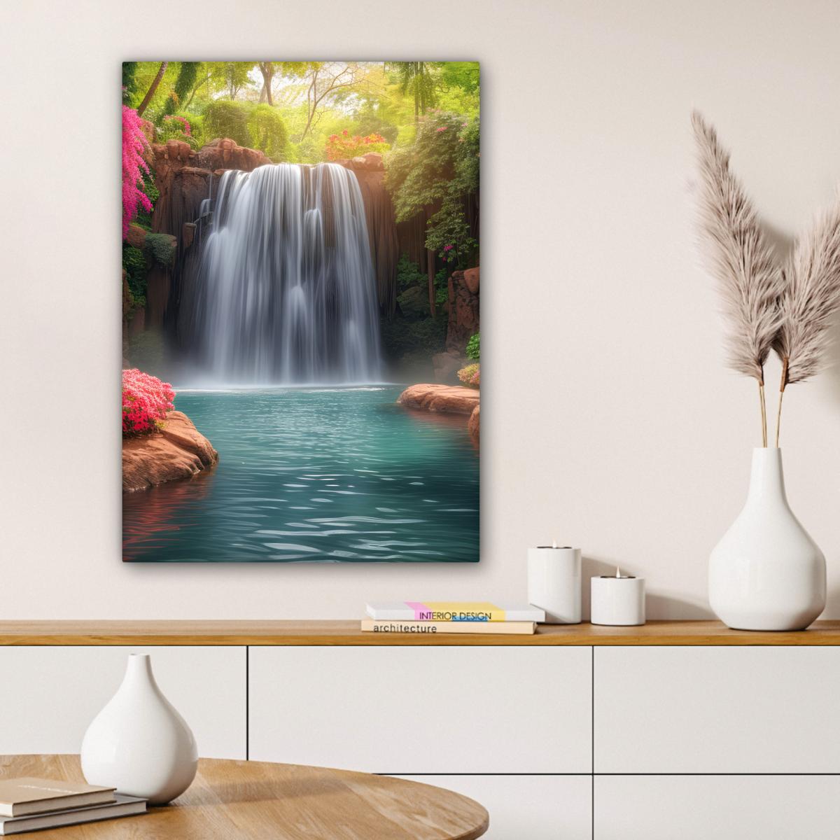 LEINWANDBILD Wasserfall - Natur - Pflanzen - Dschungel - Wasser Wandbild Wohnzimmer 60x80 cm - Grün, Textil (60/80cm) - MuchoWow