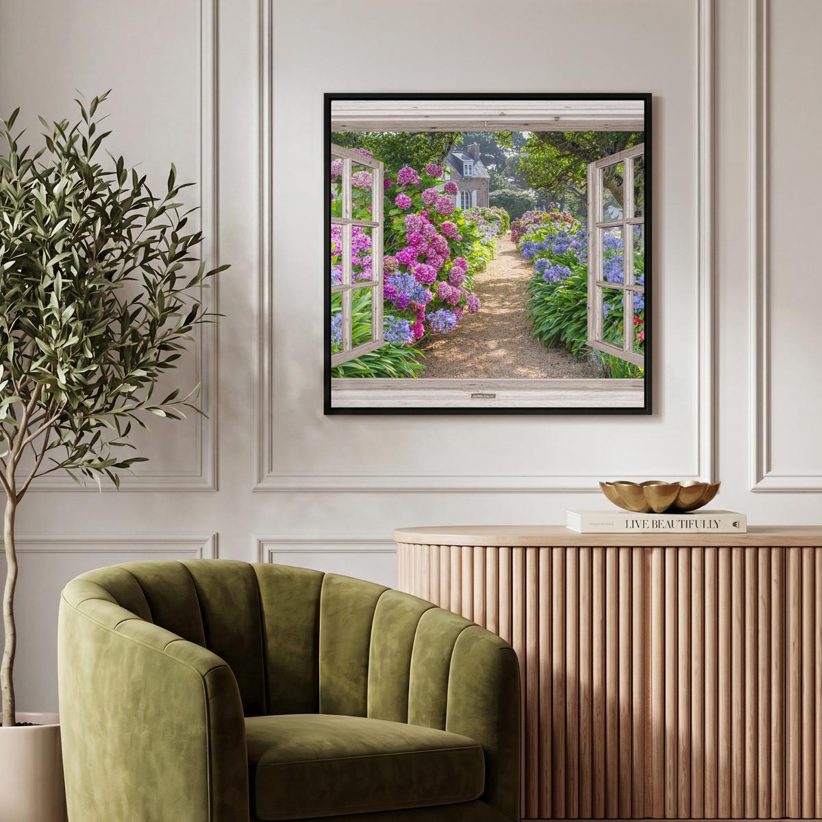 LEINWAND Bilder mit Rahmen - Hortensie - Durchsichtig - Blumen - Sommer - Lila - Weg - 50x50 - Lila, Textil (50/50cm) - MuchoWow