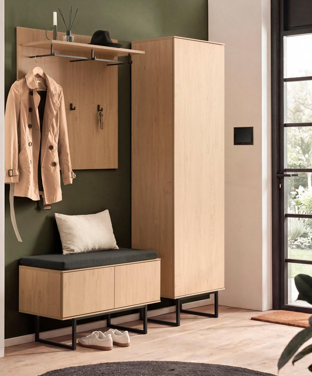 GARDEROBENSCHRANK Stone Eiche 58 x 200 cm, großer Schuhschrank mit Push-to-Open - Eichefarben/Schwarz, Holzwerkstoff/Metall (58/200/40cm) - Furn.Design