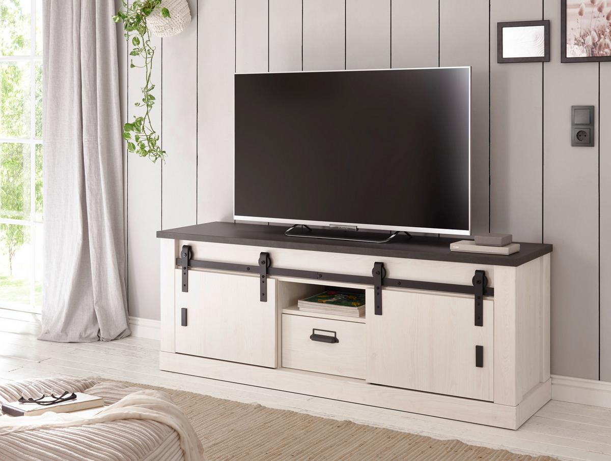 TV-LOWBOARD weiß Pinie, anthrazit, Landhaus, TV Unterteil Komforthöhe 162 x 61 cm - Anthrazit/Weiß, Holzwerkstoff/Metall (162/61/43cm) - Furn.Design