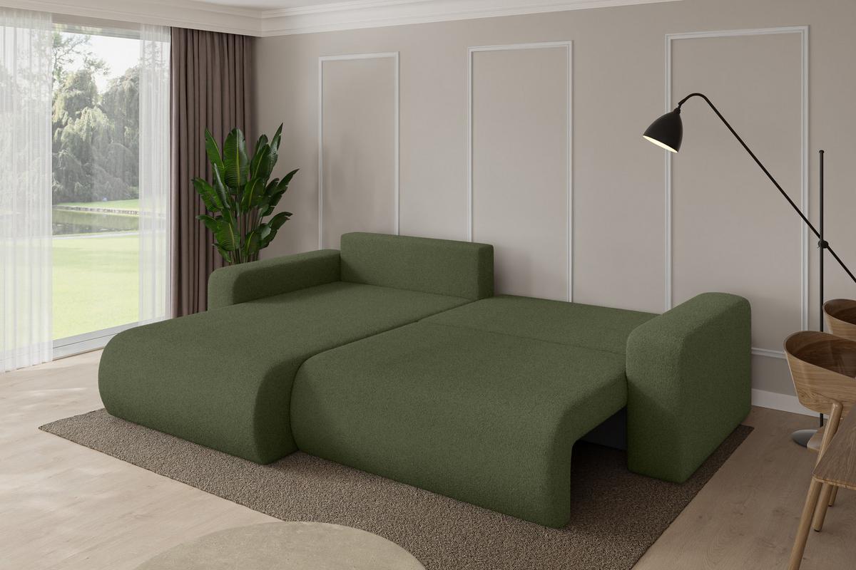 ECKSOFA mit Schlaffunktion Ottomane Links BERY-L 276x193x88 Grün Bouclé - Schwarz/Olivgrün, Holzwerkstoff/Kunststoff (276/193cm) - ALTDECOR