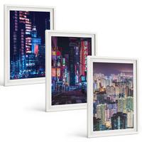 BILDER SET 3er Set - 40x60 cm Weißer Rahmen - Neonlichter der nächtlichen Stadt - Weiß, Kunststoff (40/60cm) - TULUP