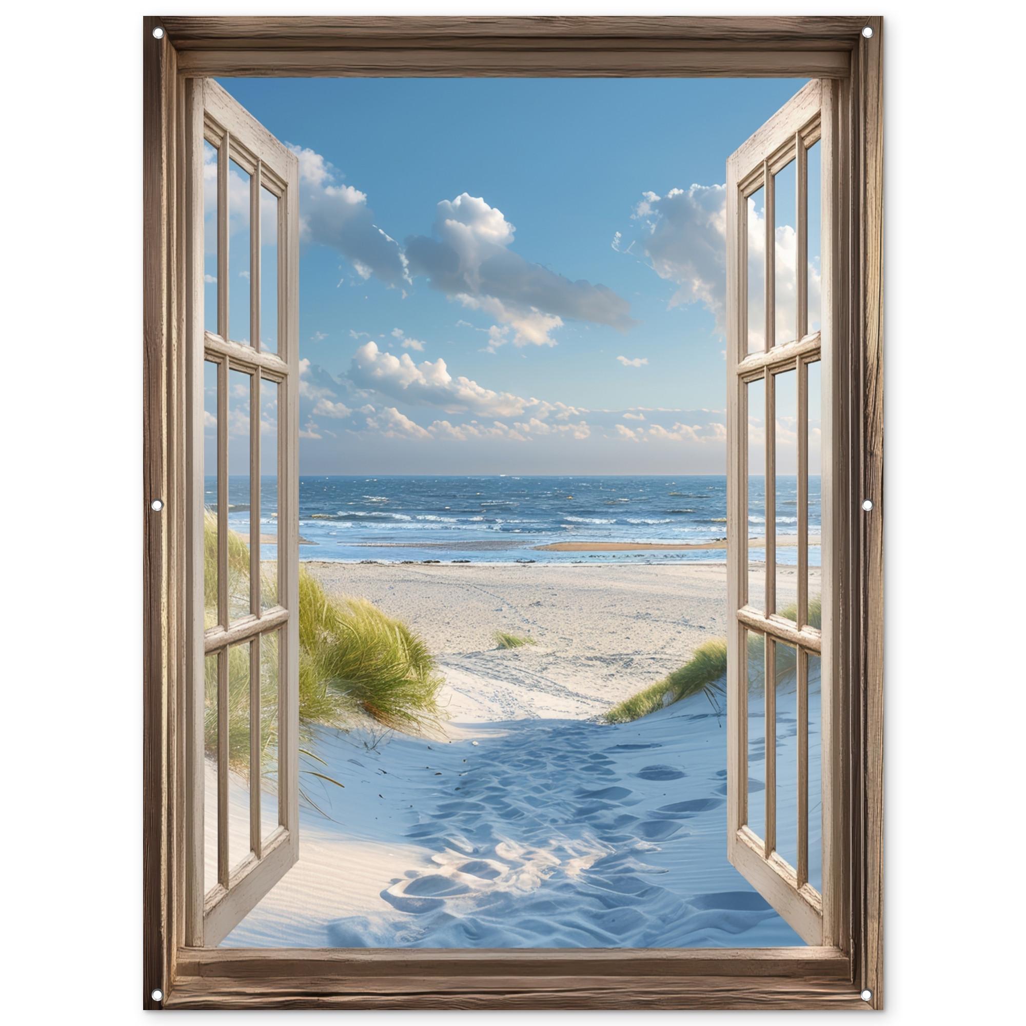 GARTENPOSTER Aussicht - Strand - Fenster - Dünen - Meer Gartendekoration 120x160 cm - Hellblau, Kunststoff (120/160/0.2cm) - OnlyWow