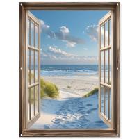 GARTENPOSTER Aussicht - Strand - Fenster - Dünen - Meer Gartendekoration 120x160 cm - Hellblau, Kunststoff (120/160/0.2cm) - OnlyWow