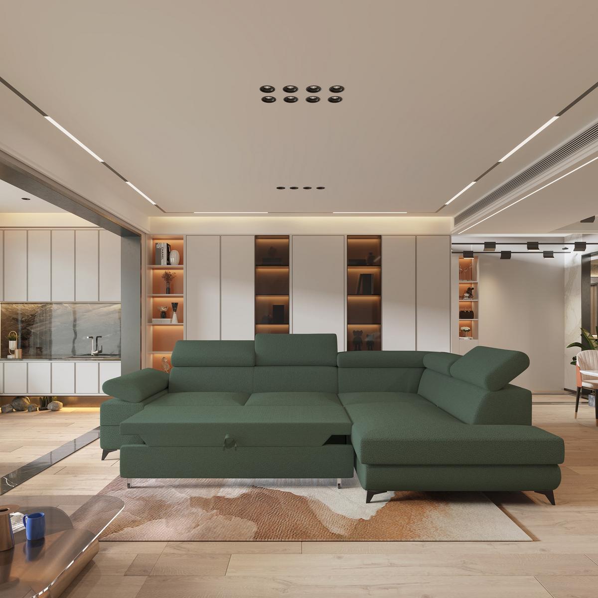 ECKSOFA FAVIEN R-S Grün Boucle-Stoff mit Schlaffunktion - Grün, Holz (257/190cm) - MASSENO