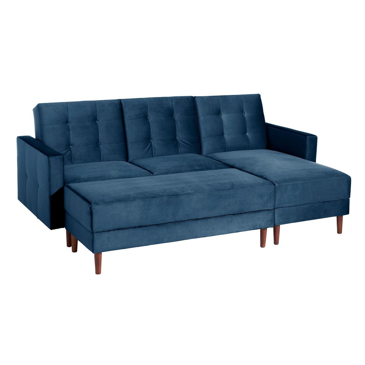 FUNKTIONSSOFA mit Hocker Katunia Samtvelours dunkelblau - Dunkelblau, Kunststoff (222/92/144cm) - 58aufmkessel