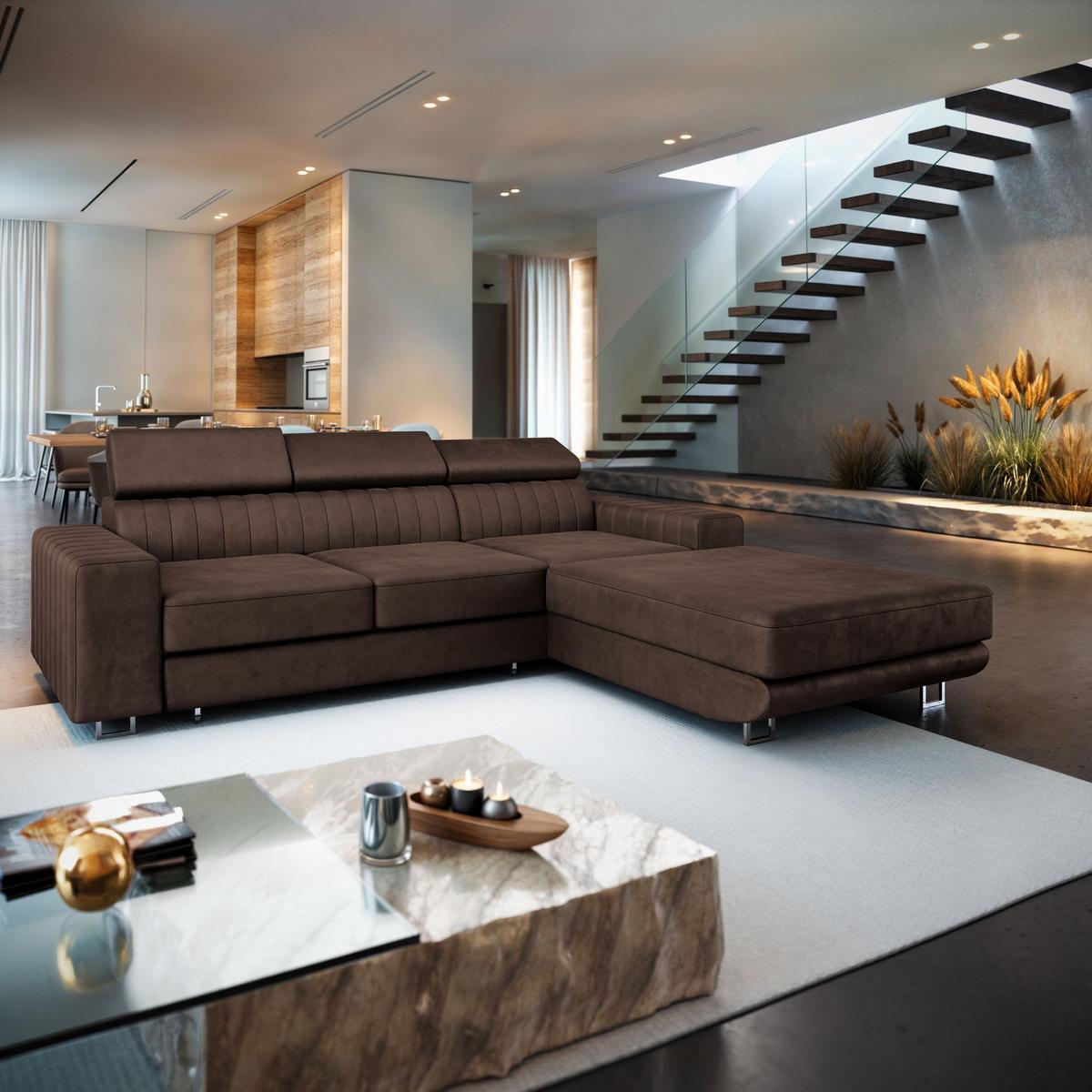 ECKSOFA NOTO R-S Braun Velours-Stoff mit Schlaffunktion - Silberfarben/Braun, Holz/Textil (267/190cm) - MASSENO