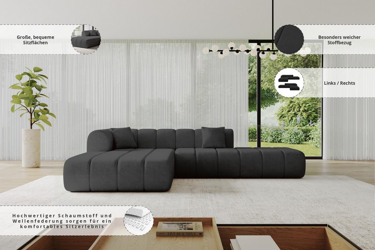 ECKSOFA Ottomane Links BILA-L 289x176x71 Schwarz Samt - Schwarz, Holzwerkstoff/Kunststoff (176/289cm) - ALTDECOR