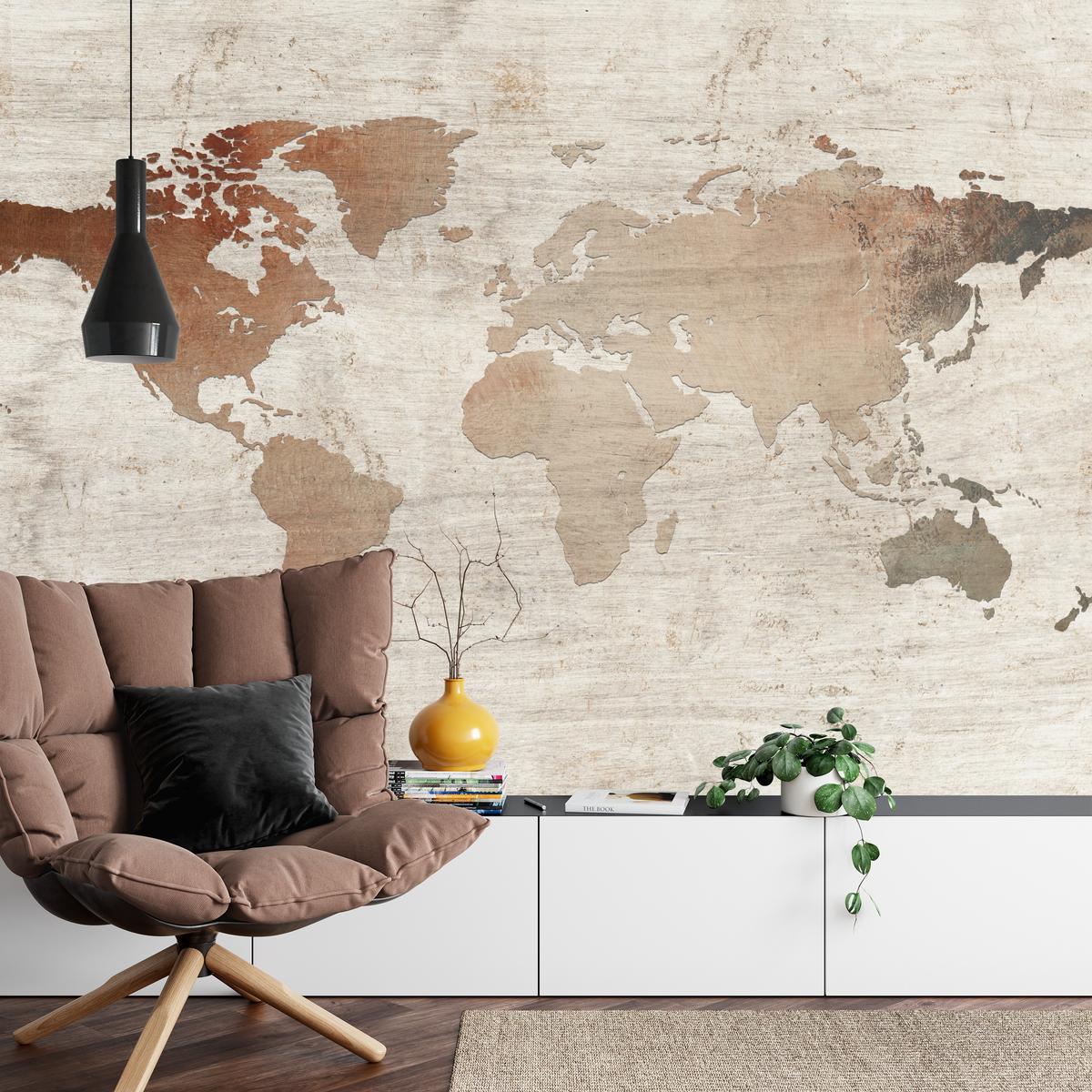 FOTOTAPETE für Wohnzimmer Vintage Karte Holz Hintergrund Retro 200x140 - Beige/Braun, Papier (200/140cm) - Muralo