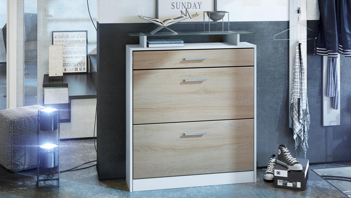 SCHUHSCHRANK Loret Front in Eiche sägerau - Eiche San Remo, Holzwerkstoff (89/104/23cm) - Vladon