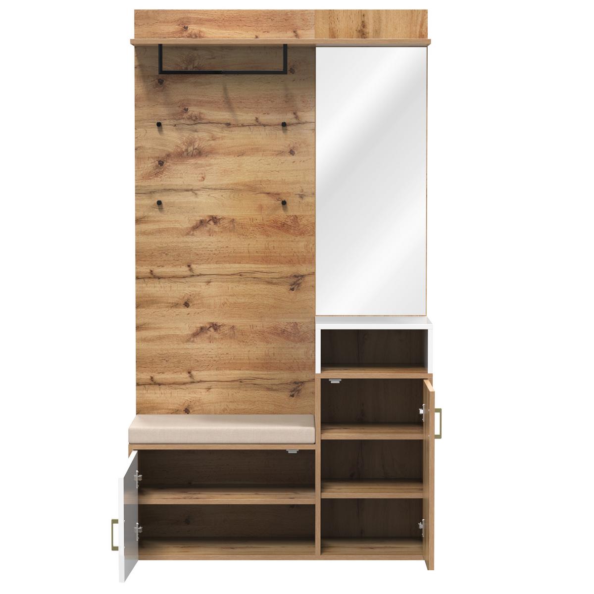 GARDEROBEN-SET 105 cm in Weiß & Eiche-Optik – 3-teilige Flurkombination mit Spiegel, Schuhschrank & Wandpaneel - Naturfarben, Holzwerkstoff (105/190.5/40cm) - Urban Meuble