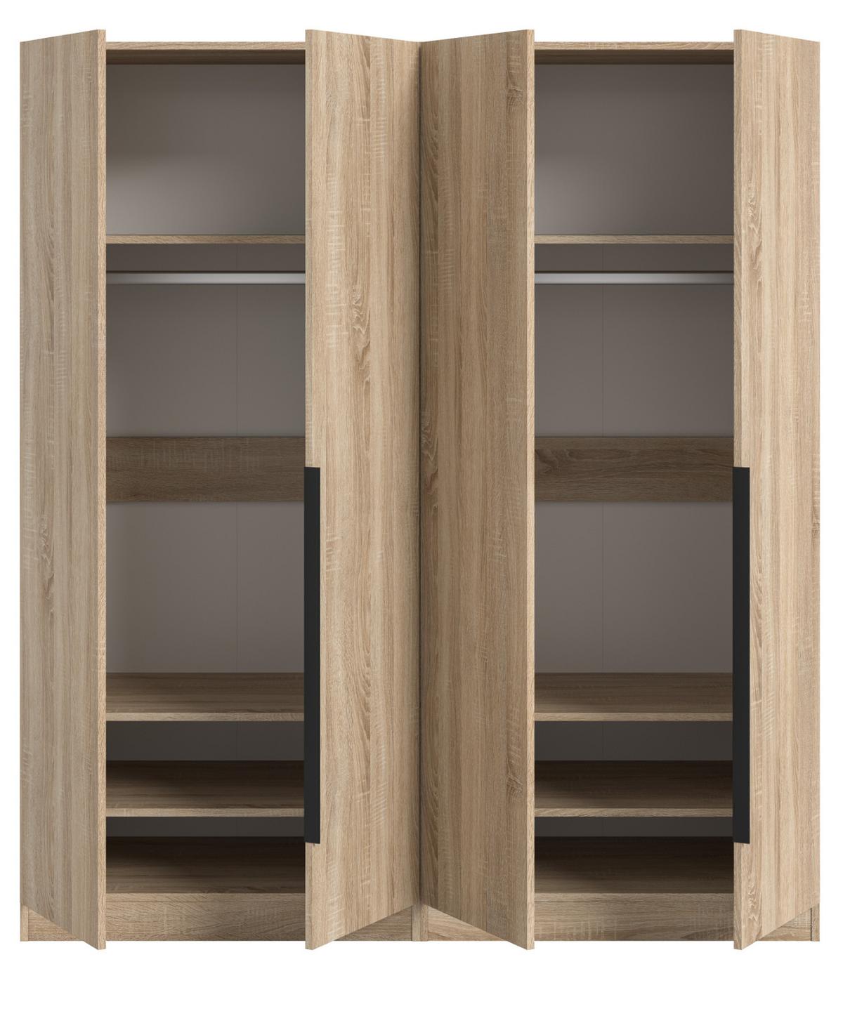 KLEIDERSCHRANK Eiche Sonoma 4-türig 160 x 181 cm, Drehtürenschrank mit Kleiderstange - Eichefarben/Schwarz, Holzwerkstoff/Kunststoff (160/181/52cm) - Inn.Furn