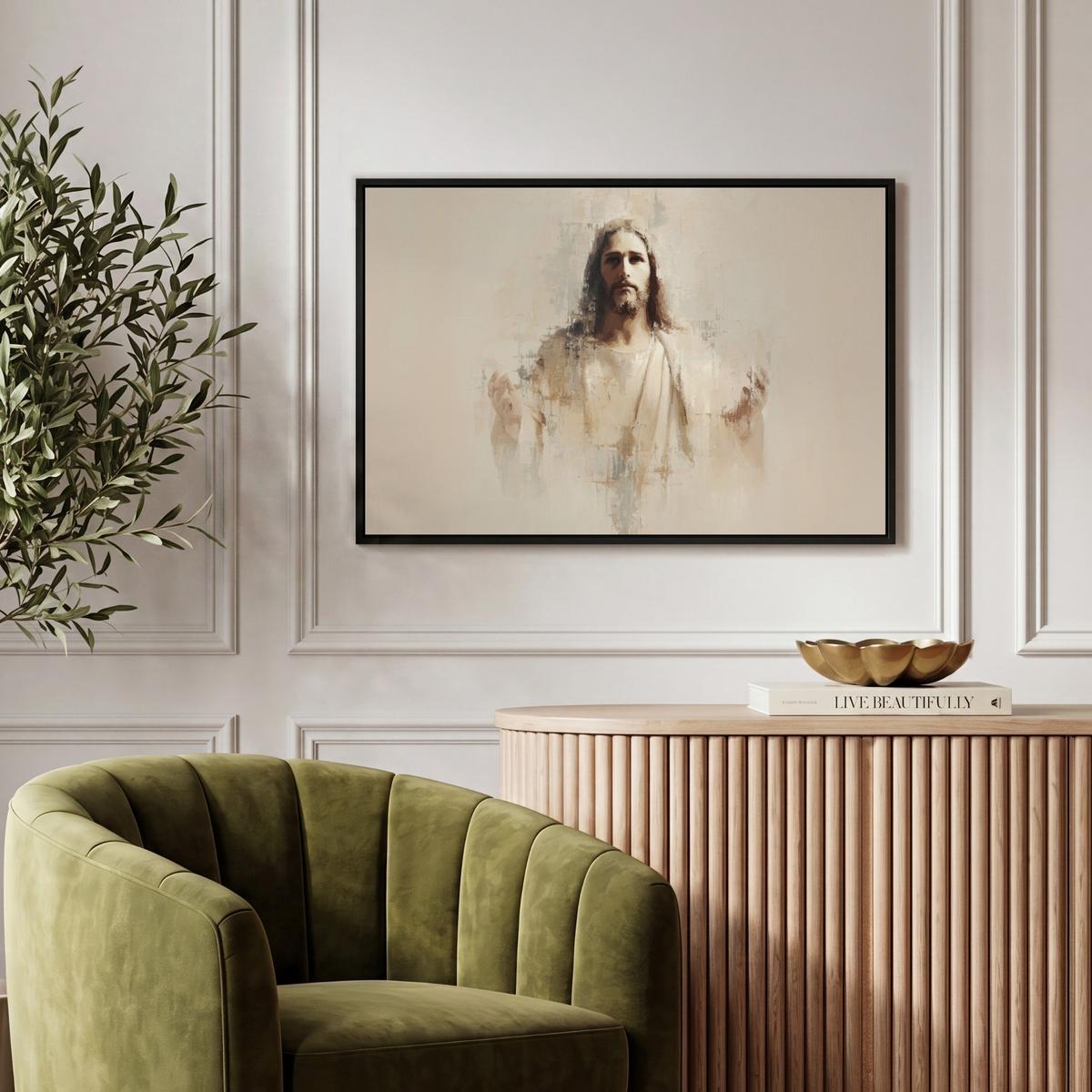 LEINWAND Bilder mit Rahmen - Porträt - Abstrakt - Jesus - Beige - 60x40 - Beige, Textil (60/40cm) - MuchoWow