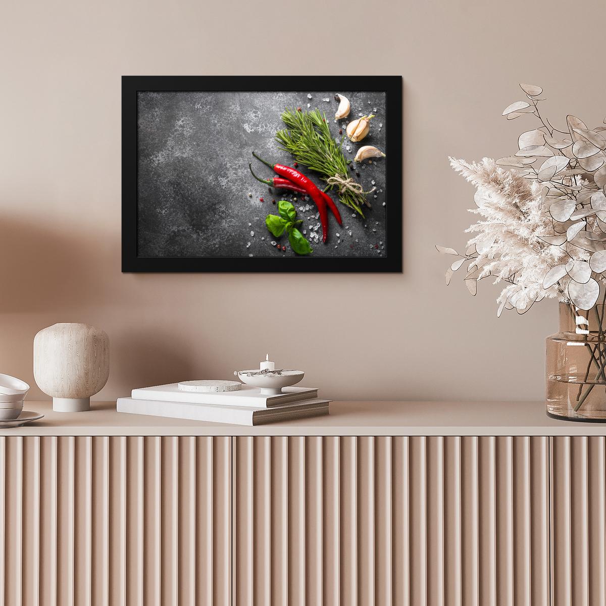 POSTER MIT RAHMENGERAHMTES BILD Pfeffer - Kräuter - Gewürze - Beton 30x20 cm - Dunkelgrau, Papier (30/20cm) - MuchoWow