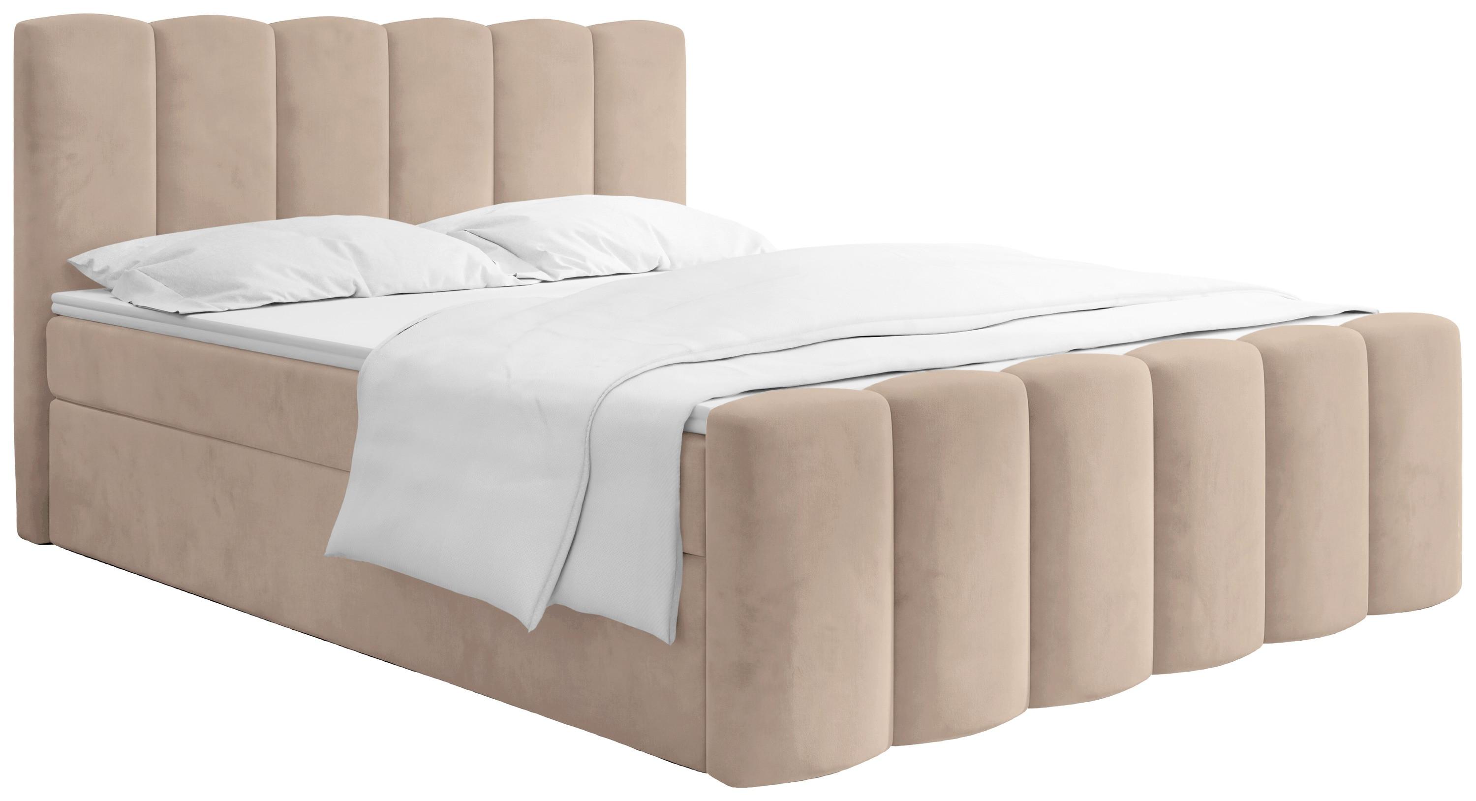 BOXBETT Serenity mit Bettkasten, Dunkelbeige Samt 180x200 cm – inkl. H4 Taschenfederkern Matratze & Foam Topper - Hellbraun/Schwarz, Holz/Holzwerkstoff (180/200cm) - WFL GROUP