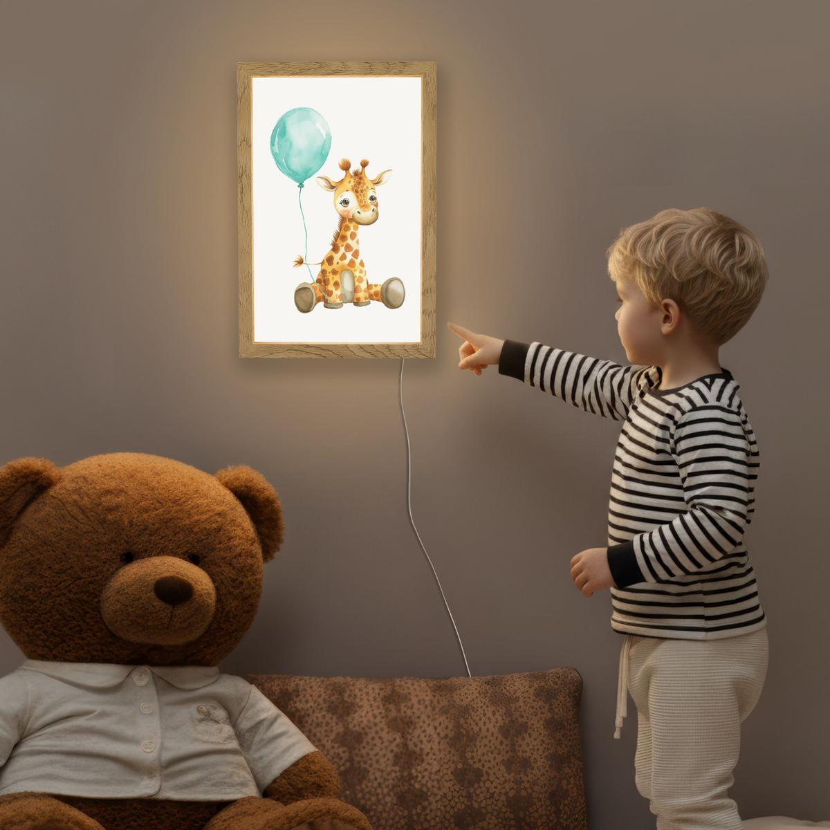 NACHTTISCHLAMPE Giraffe - Baby - Tiere - Blauer Ballon 20x30 cm - Weiß, Holzwerkstoff (8/20/30cm) - OnlyWow