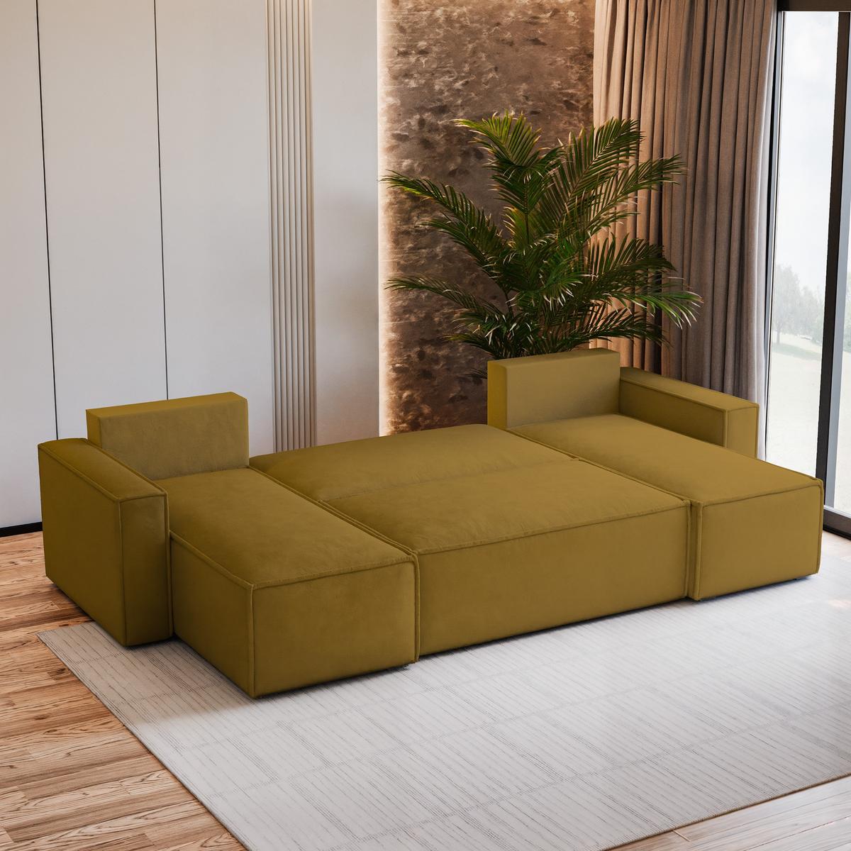 WOHNLANDSCHAFT PESANO M Gelb Velours-Stoff mit Schlaffunktion - Gelb, Holz (306/85/140cm) - MASSENO