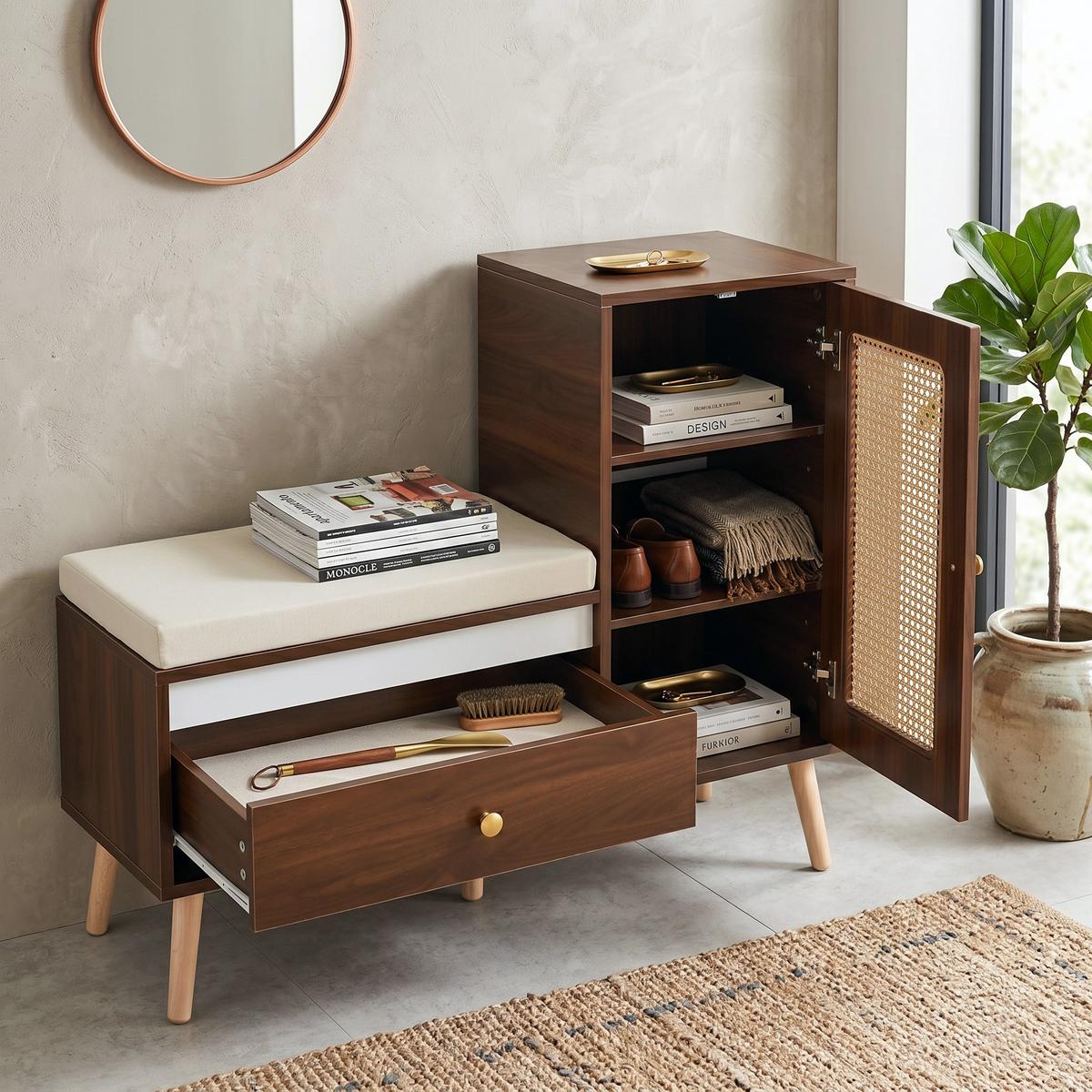 SCHUHSCHRANK in Holz-Optik – Schuhschrank mit Rattan-Tür & Sitzkissen - Walnussfarben, Holzwerkstoff (95.5/80.5/35cm) - Urban Meuble