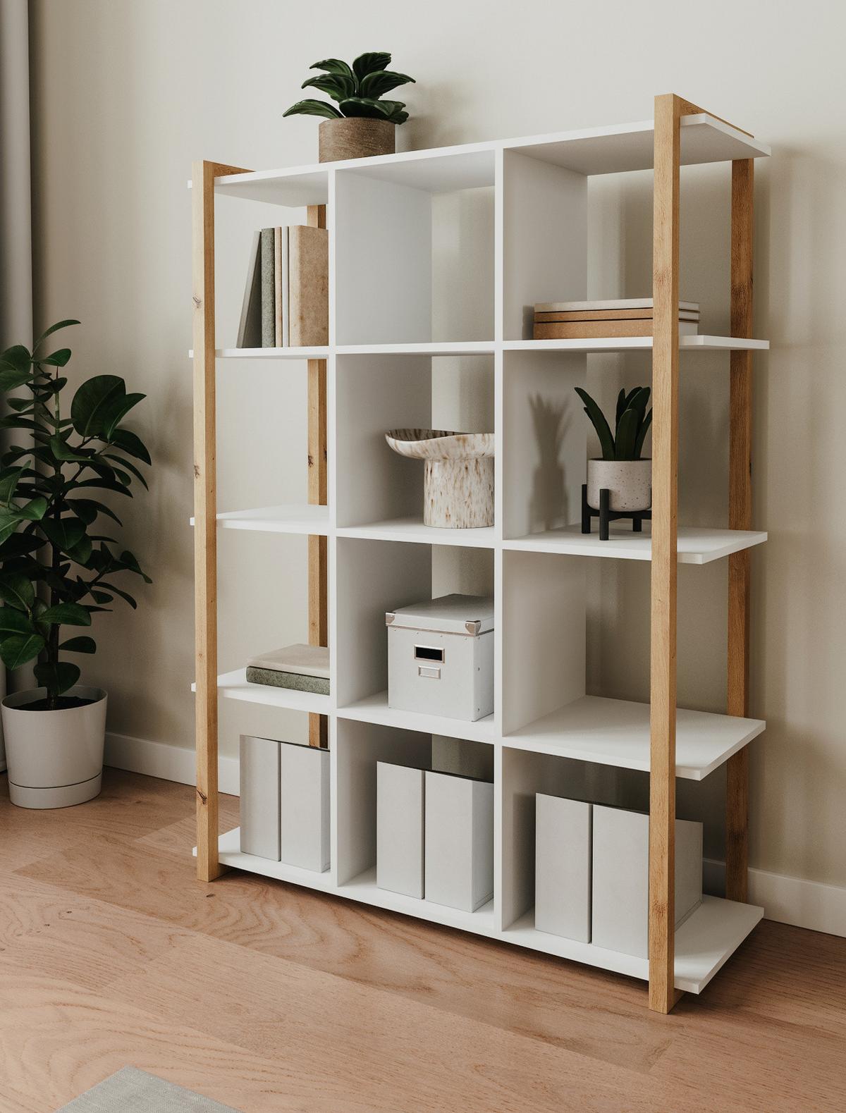 REGAL weiß, Eiche Artisan 107 x 145 cm, Bücherregal mit 12 Fächern - Weiß/Eiche Artisan, Holzwerkstoff (107/145/39cm) - Furn.Design