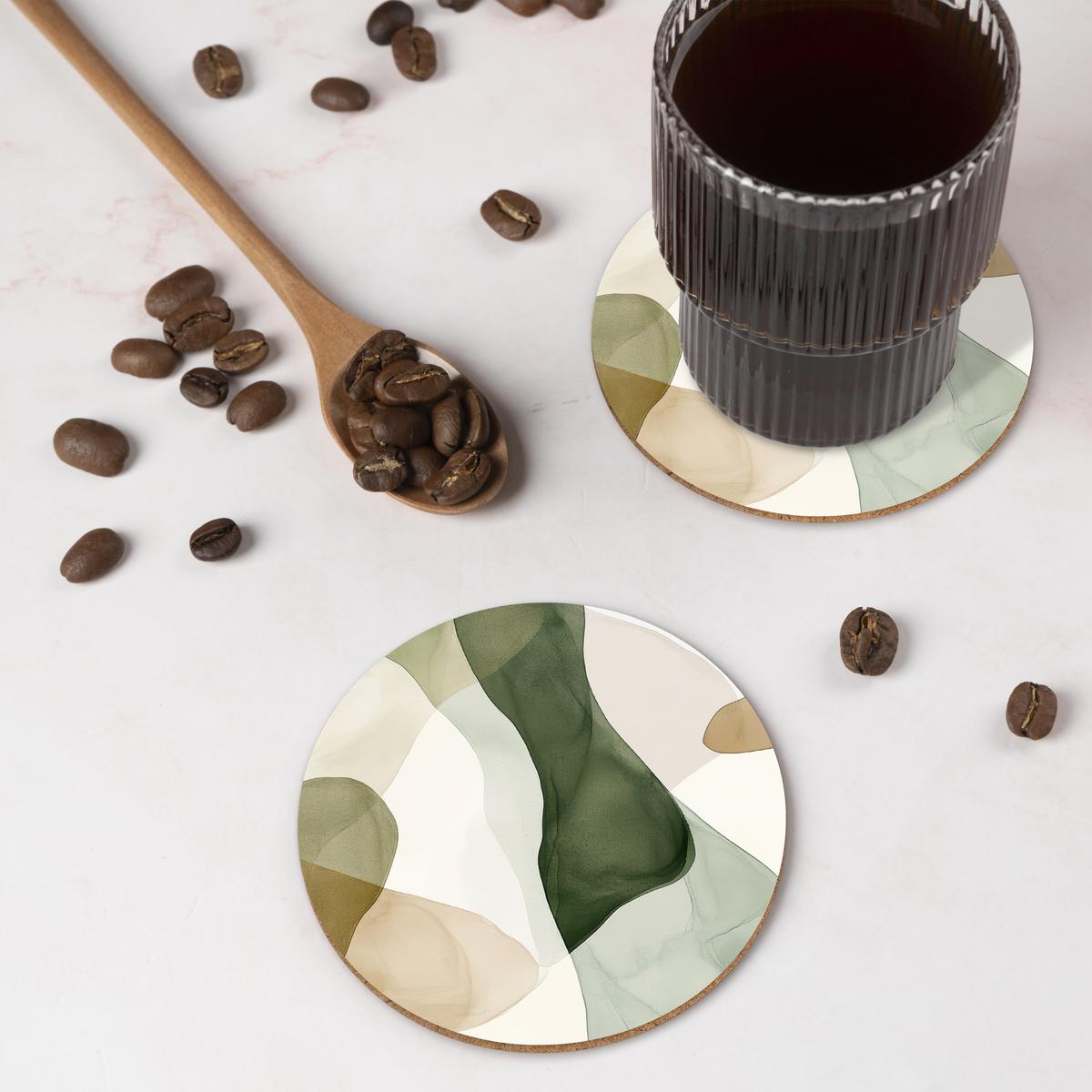 GLASUNTERSETZER Japandi - Abstrakt - Grün Tischuntersetzer 10x10 cm - Dunkelgrün, Naturmaterialien (10/0.2cm) - MuchoWow