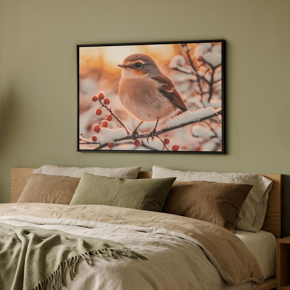 LEINWAND Bilder mit Rahmen - Vogel - Zweig - Winter - Tiere - Schnee - 70x50 - Bernsteinfarben, Textil (70/50cm) - MuchoWow