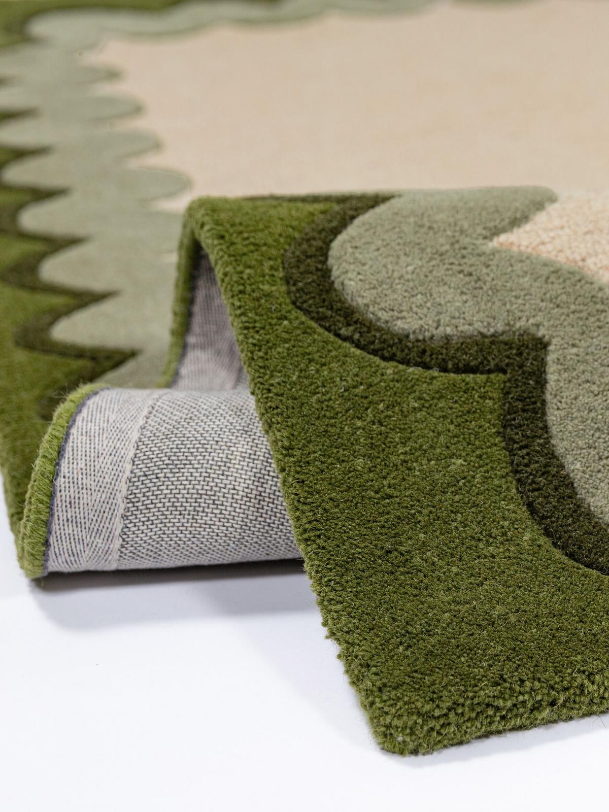 WOLLTEPPICH handgetuftet WAVENEY, Zickzack-Wellenbordüre, Olivgrün, 160 x 230 cm - Grün, Textil (160/230cm) - KADIMA DESIGN
