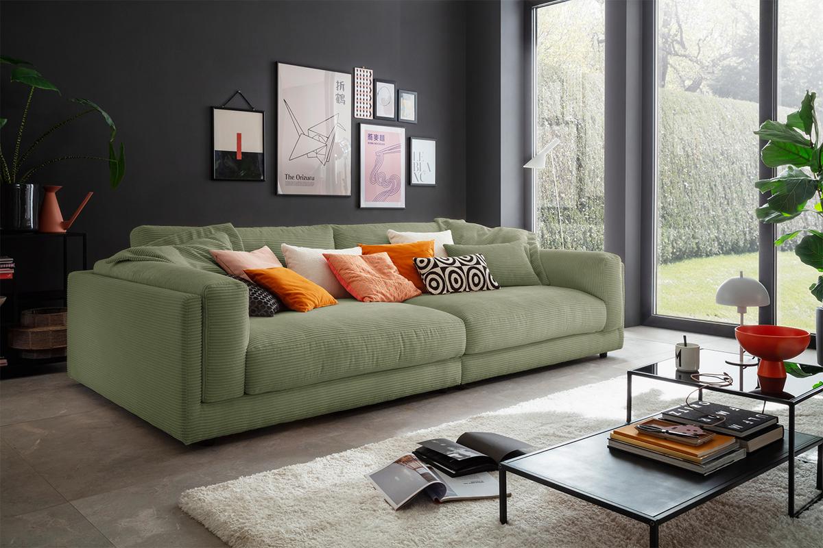 BIG SOFA RAINA Grün Cord - Schwarz/Olivgrün, Kunststoff/Textil (254/85/150cm) - KAWOLA