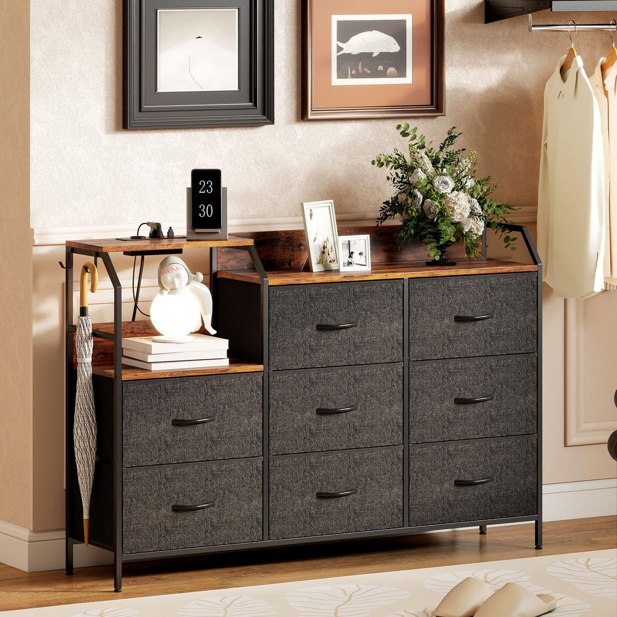 KOMMODE Schrank mit 8 Schubladen aus Vliesstoff Ladestation Haken Stahlrahmen - Multicolor/Schwarz, Kunststoff/Textil (30/88/130.5cm) - HOMCOM
