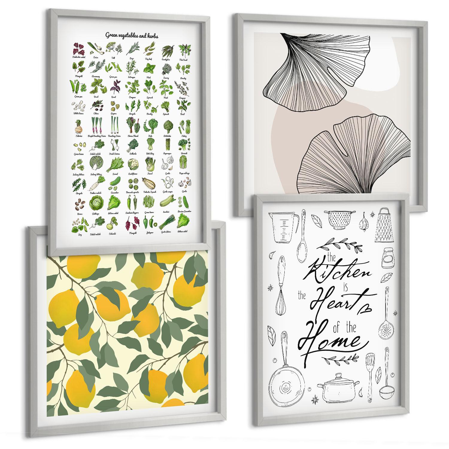 BILDER SET 4er Set - 50x50 cm & 40x60 cm Silberner Rahmen - Küchenkräuter-Zitronen-Malerei - Silberfarben, Kunststoff (50/50cm) - TULUP