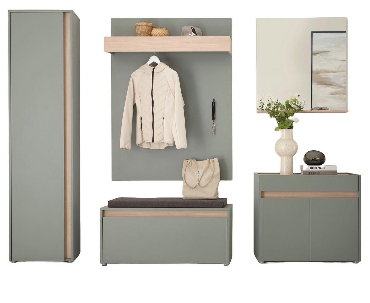 GARDEROBE Komplett-Set 6-teilig in Salbei und Eiche, Flurgarderobe mit viel Stauraum, inkl. Sitzkissen - Salbeigrün/Eichefarben, Glas/Holz (260/200/40cm) - Furn.Design