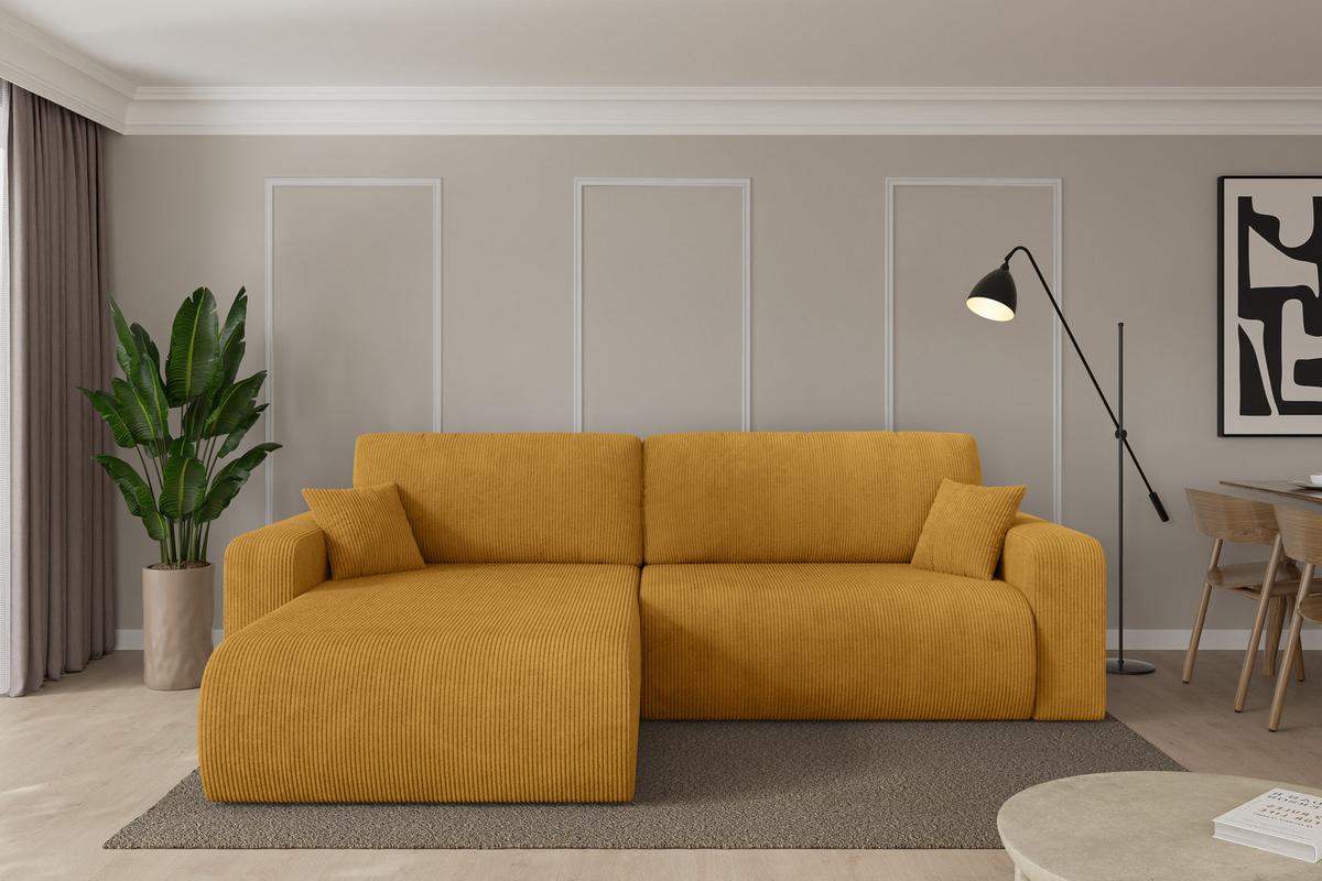 ECKSOFA mit Schlaffunktion Ottomane Links BERY-L 276x193x88 Senfgelb Cord - Dunkelgelb/Schwarz, Holzwerkstoff/Kunststoff (276/193cm) - ALTDECOR