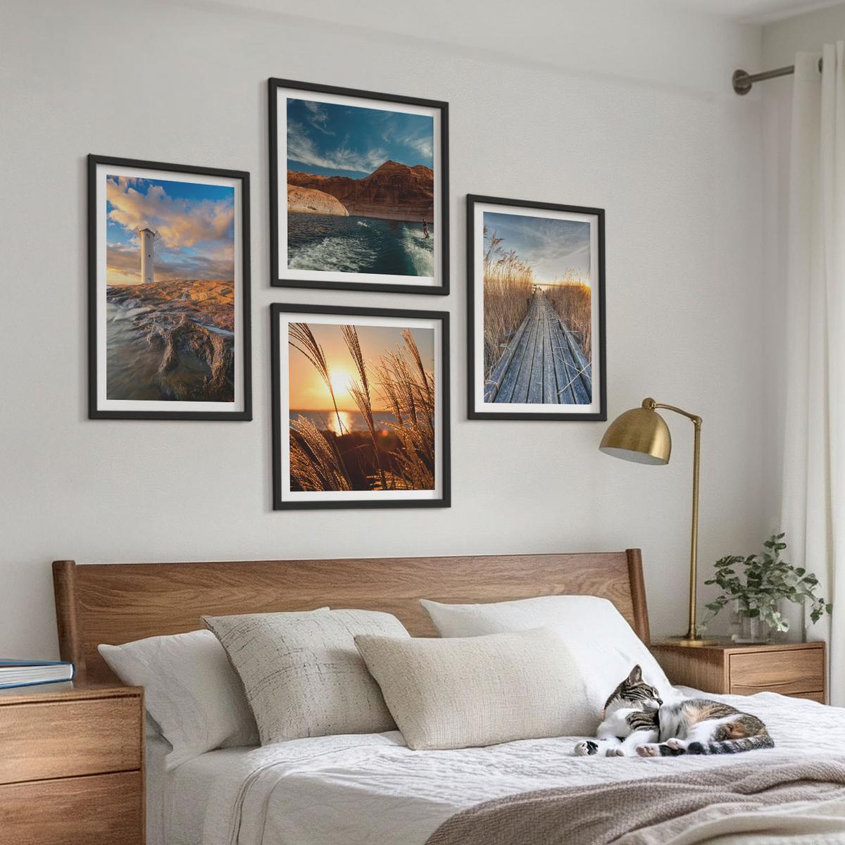 BILDER SET 4er Set - 50x50 cm & 40x60 cm Schwarzer Rahmen - Leuchtturm-Grassteg - Schwarz, Kunststoff (50/50cm) - TULUP